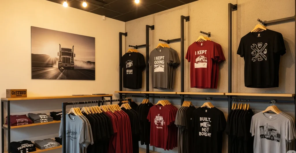 A large black-and-white photograph of a semi-truck at sunrise hangs on the wall. The space feels gritty, nostalgic, masculine, and honest — built for truckers, introverts, and people who live with purpose. No flashy signage, just subtle branding. The atmosphere is calm, grounded, and emotionally resonant.