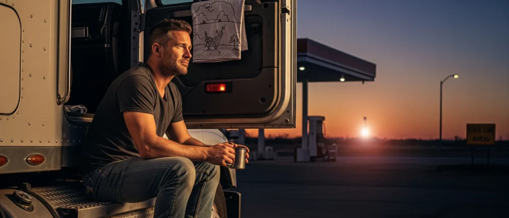 Create a cinematic and emotionally grounded scene for an "About Us" image representing a quiet, purpose-driven clothing brand called Frizagap. The setting is a remote truck stop at golden hour, bathed in soft orange and purple twilight light. The main subject is a rugged man in his early 40s — a long-haul trucker — sitting alone on the step of his silver semi-truck. He has short hair, light stubble, and a calm, thoughtful expression. He wears a fitted, dark charcoal t-shirt and faded denim jeans with work boots. In one hand, he holds a weathered metal coffee mug.