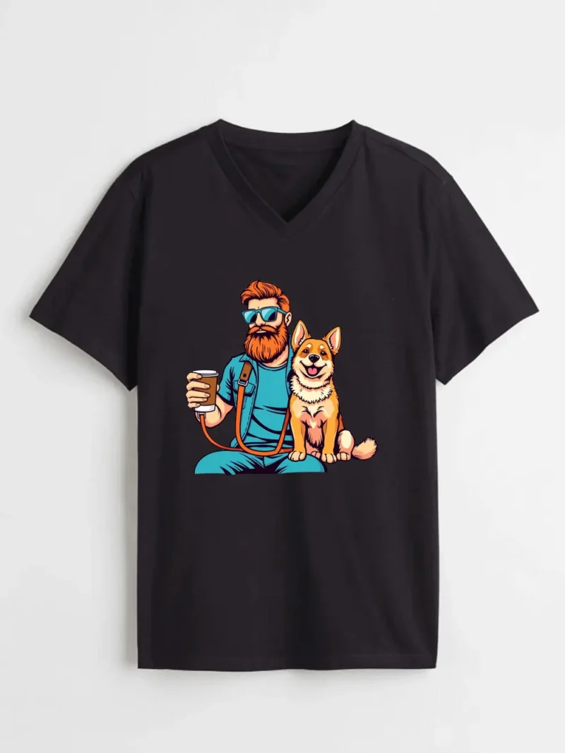 Bearded Man In Sunglasses Holding A Coffee Cup And A Leash T-Shirt - Image 2
