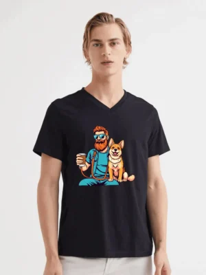 Bearded Man In Sunglasses Holding A Coffee Cup And A Leash T-Shirt