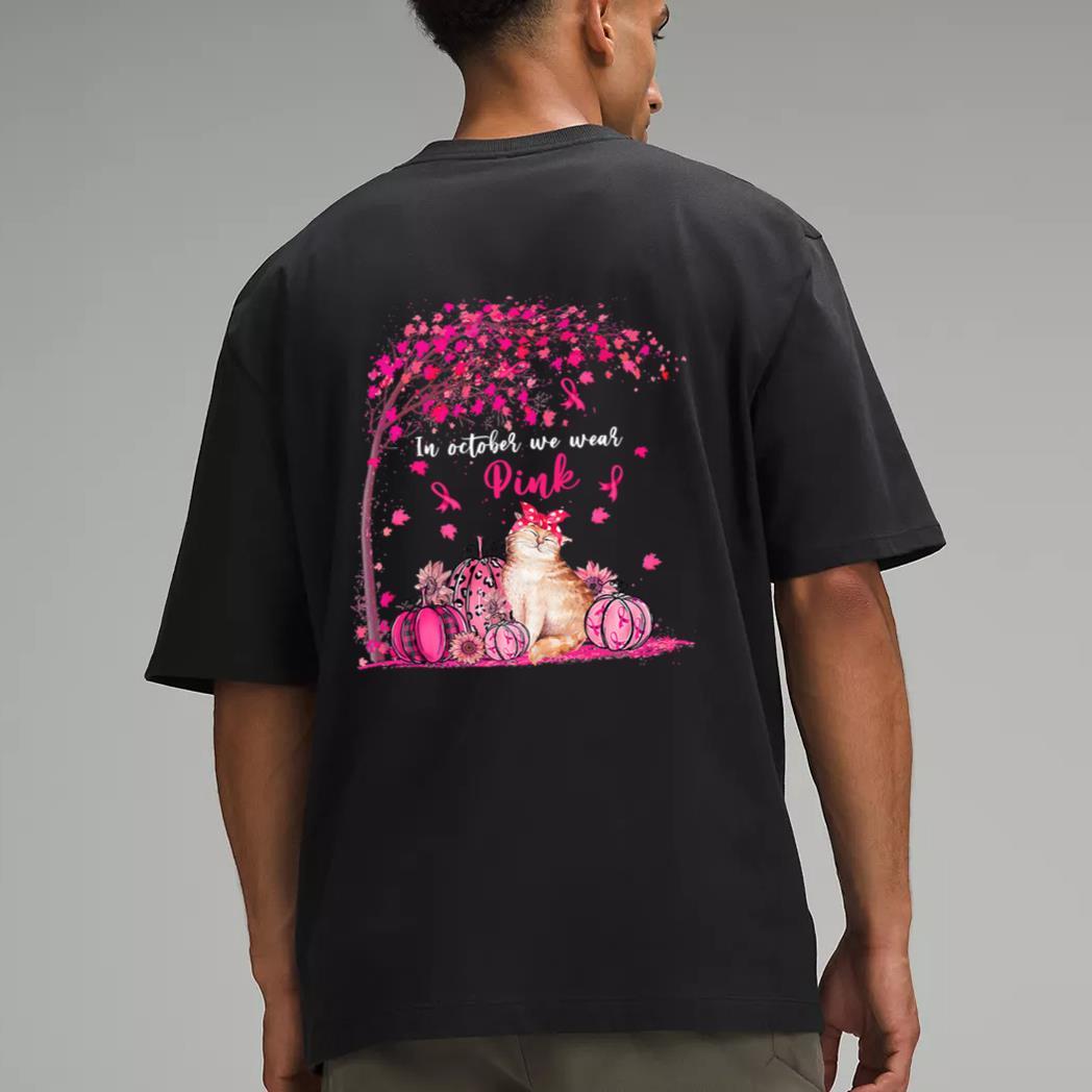 Breast Cancer Awareness In October We Wear Pink Pumpkin Cat Premium Men T-Shirt