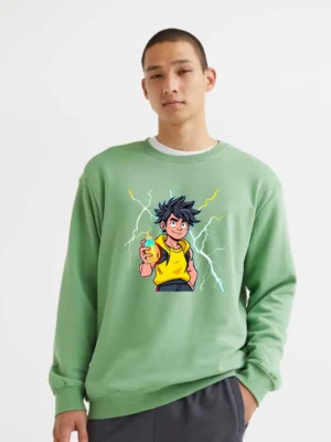 Cartoon Character With Six-pack Lying On The Floor Holding A Protein Bar Sweatshirt