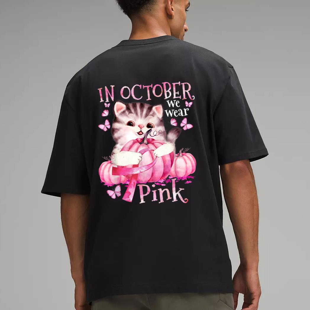 Cat Pumpkin Halloween In October We Wear Pink Breast Cancer Men T-Shirt