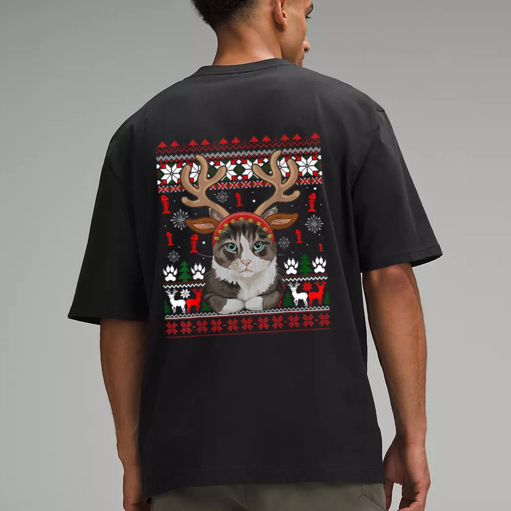 Cat Reindeer Antlers Headband Funny Ugly Christmas Sweater Men T-Shirt