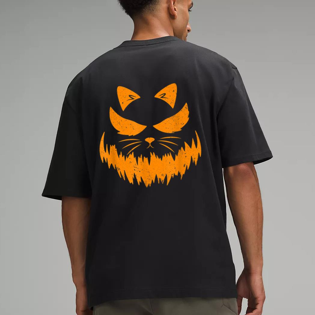 Cat Scary Pumpkin Face Jack O Lantern Halloween Costume Men T-Shirt