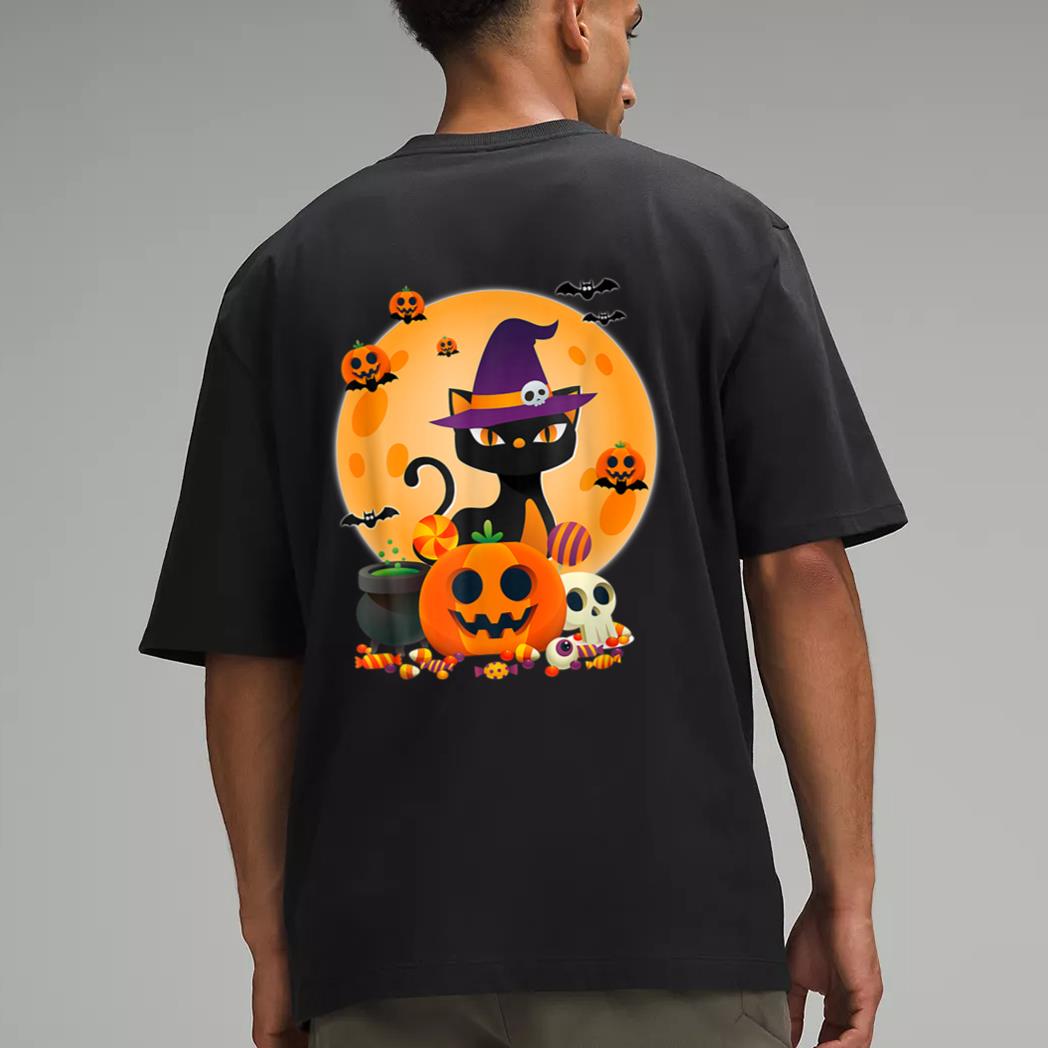 Cat With Witch Hat Pumpkin Bat Moon Cat Funny Halloween Men T-Shirt