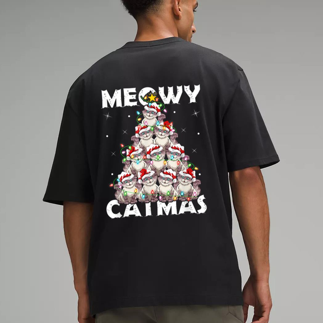 Cat Xmas Lights Santa Meowy Catmas Cat Christmas Ree Men T-Shirt