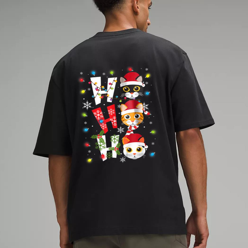 Christmas Ho Ho Ho Cat Lovers Lights Pajamas Funny Xmas Men T-Shirt