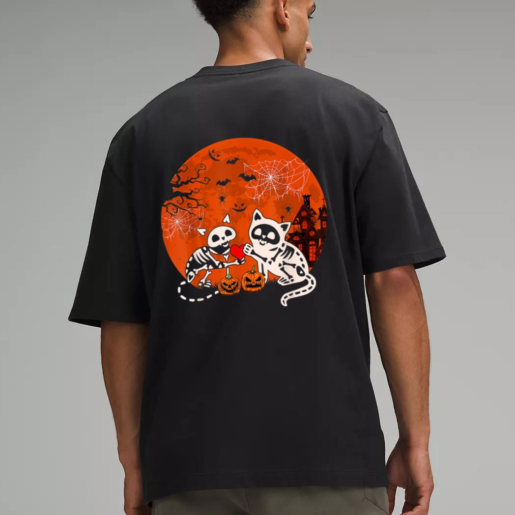 Couple Skeleton Horror Cats Halloween Couple Cat Owner Lover Men T-Shirt