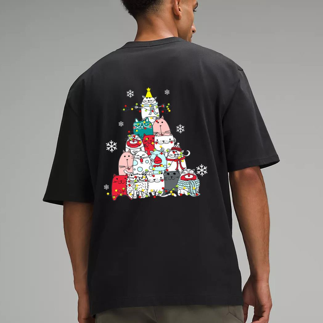 Cute Cat Christmas Tree Lights Snow Xmas Pajama Cat Lover Men T-Shirt