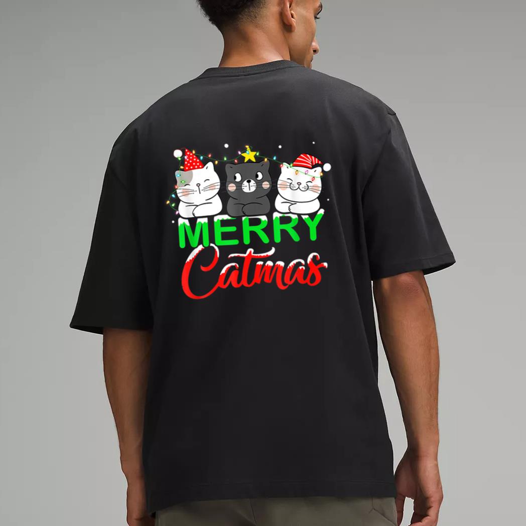 Cute Cat Lover Xmas Lights Santa Merry Catmas Cat Christmas Men T-Shirt