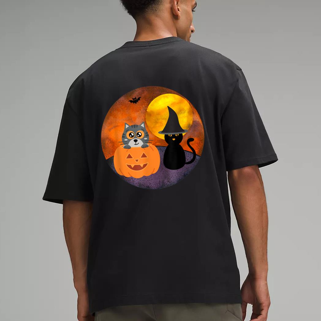 Cute Halloween Cat Scene Witch Pumpkin Bat Full Moon Men T-Shirt