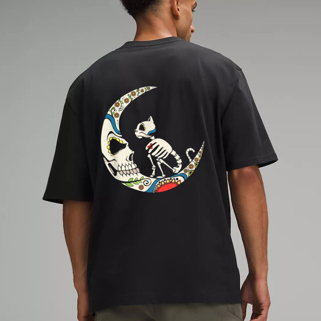 Dia De Los Muertos Crescent Moon And Cat Sugar Skull Men T-Shirt