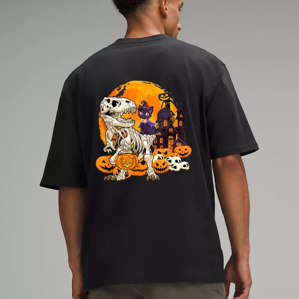 Dinosaur Skeleton Pumpkin With Moon Halloween Cat Witchy Men T-Shirt