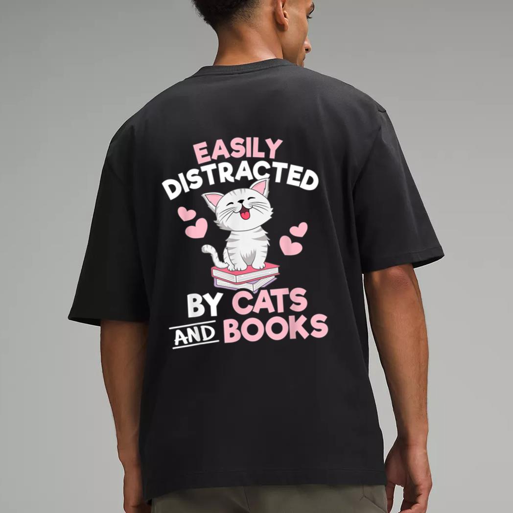 Easily Distracted By Cats and Books Cute Cat Book Lover Men T-Shirt