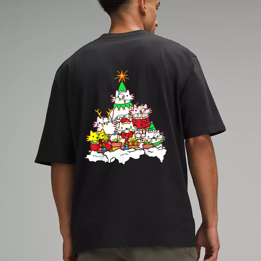 Funny Cat Christmas Tree Lights Costume Matching Pajama Gift Men T-Shirt