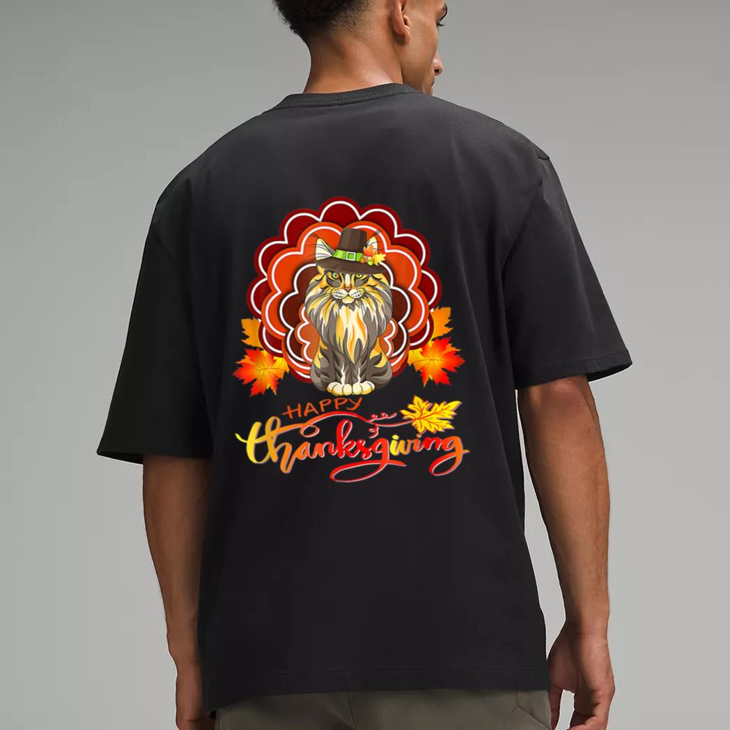 Funny Maine Coon Cat Urkey Happy Hanksgiving Men T-Shirt