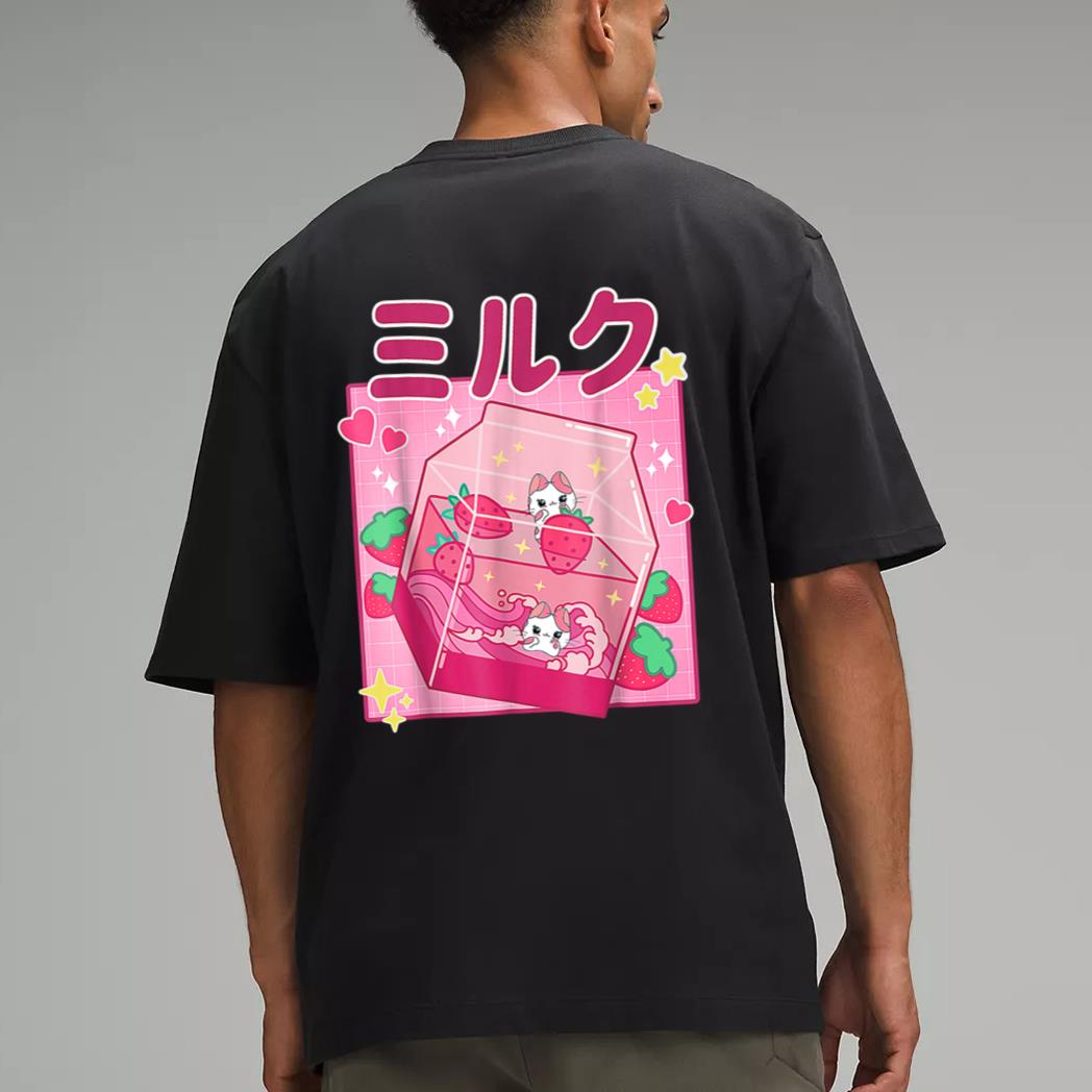 Funny Retro 90s Strawberry Milkshake Carton Kawaii Anime Cat Men T-Shirt