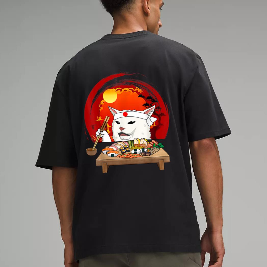 Funny White Cat Meme Eating Sushi Kawaii Sushi Cat Men T-Shirt