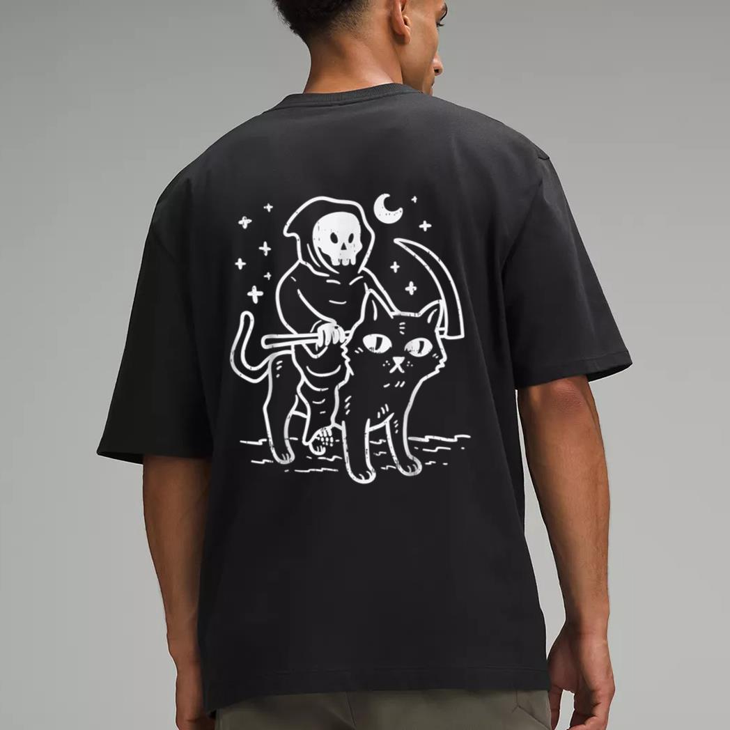 Grim Reaper Riding Cat Moon Funny Death Halloween Costume Men T-Shirt