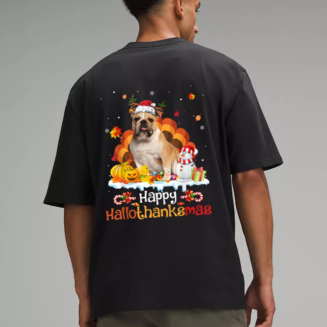 HalloThanksMas Halloween Thanksgiving Christmas Bulldog Men T-Shirt