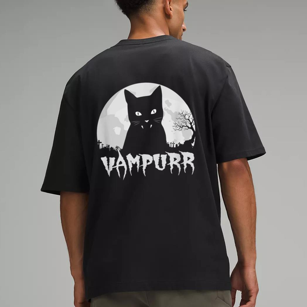 Halloween Black Cat Vampire With Full Moon - Vampurr Pun Men T-Shirt