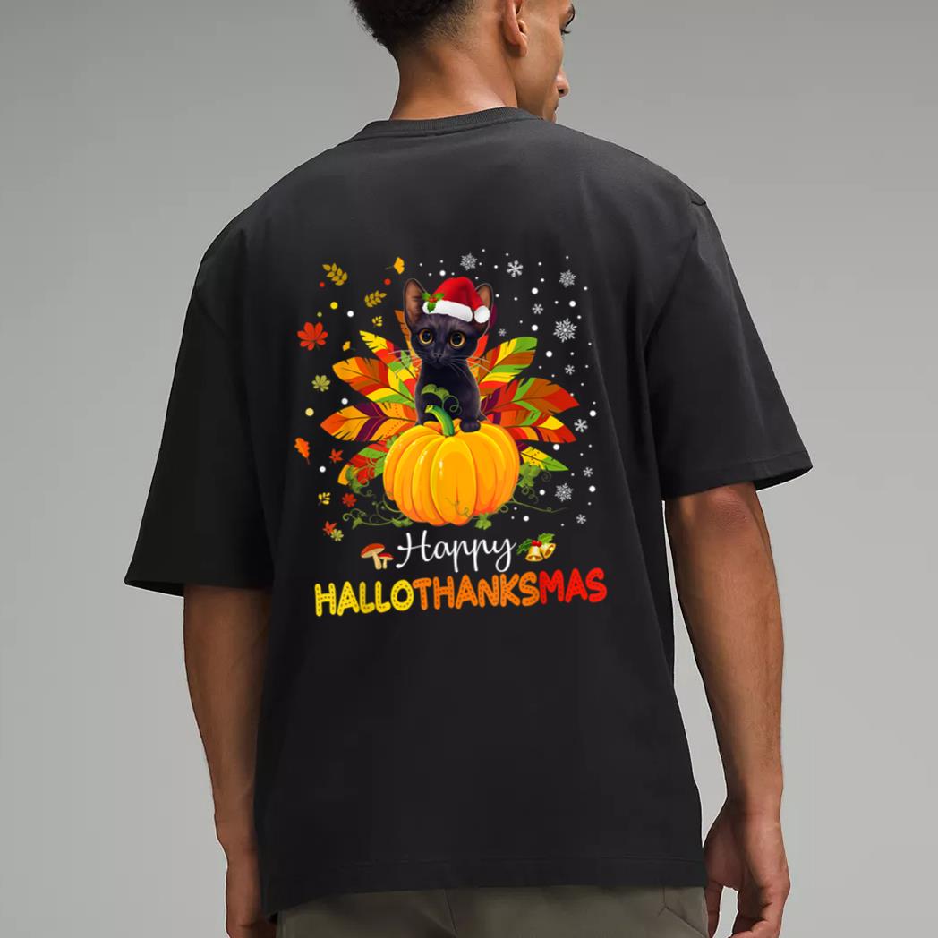 Happy Hallothanksmas Cat Halloween Thanksgiving Christmas Men T-Shirt