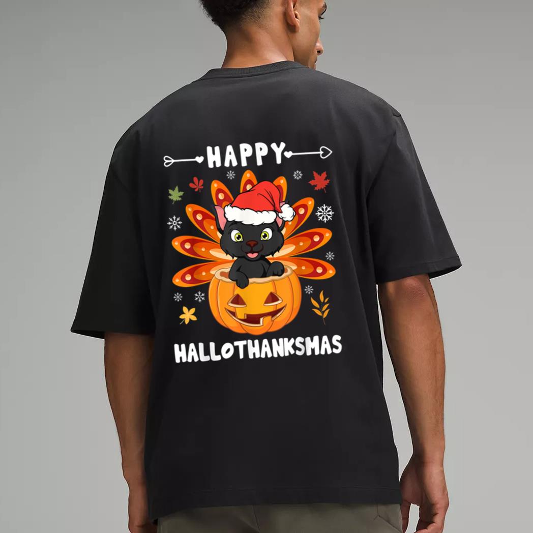 Happy Hallothanksmas Cat Turkey Cat Thanksgiving Christmas Men T-Shirt