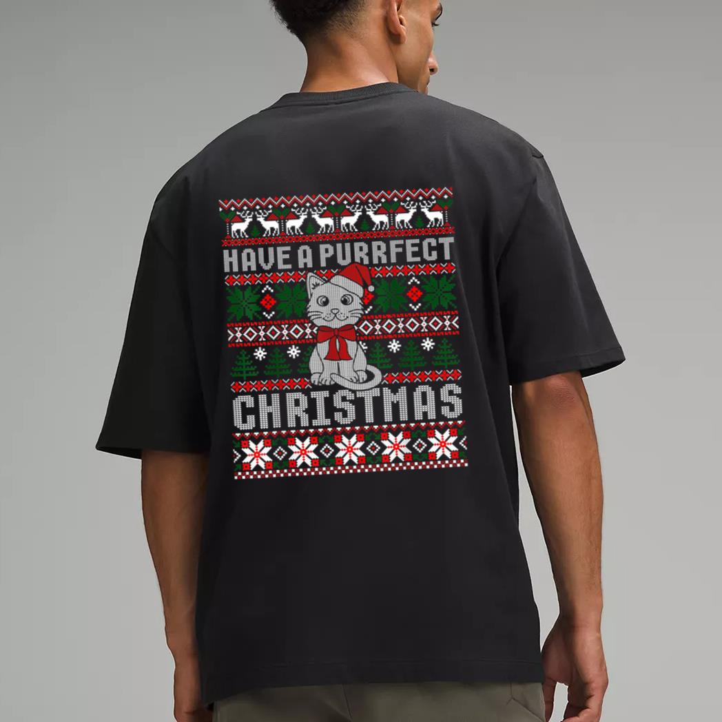 Have A Purrfect Christmas Cat Funny Pajama Ugly Sweater Men T-Shirt