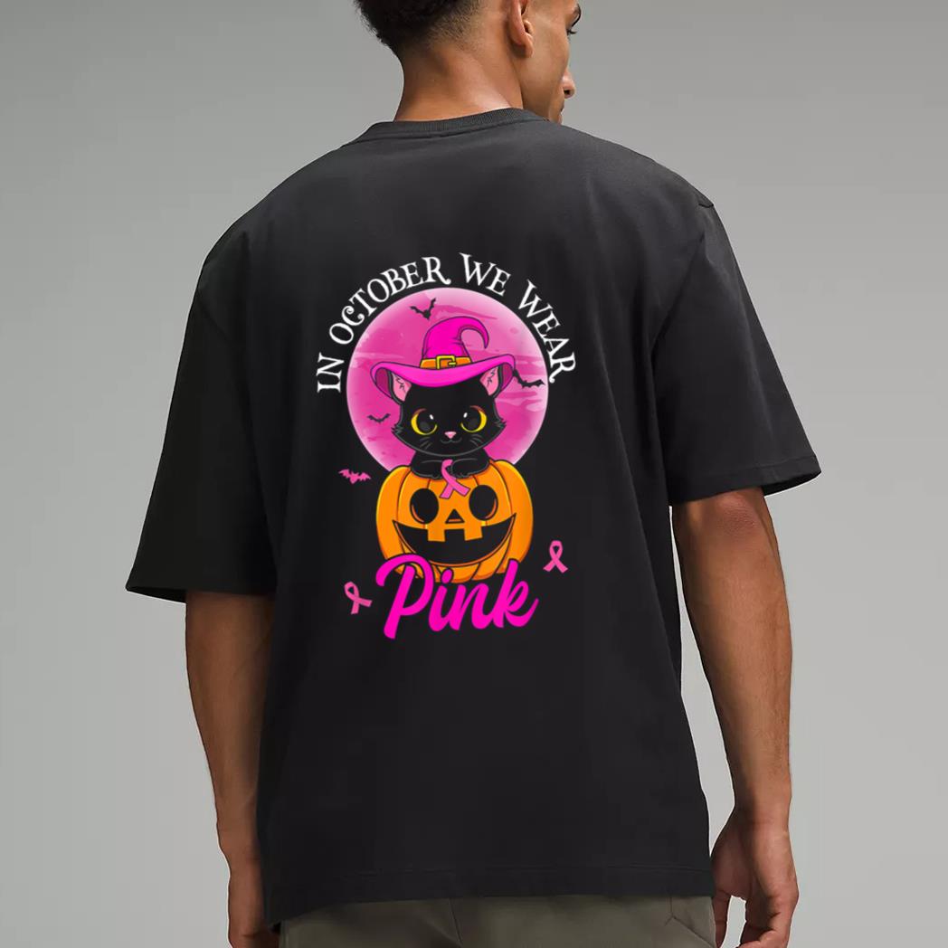 In October We Wear Pink Witch Cat Halloween Breast Cancer Men T-Shirt