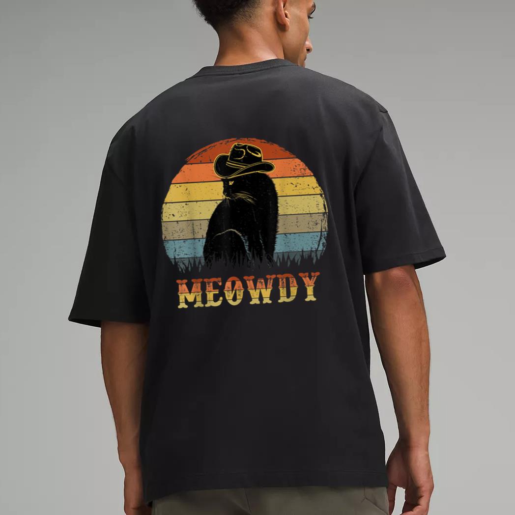 Meowdy Funny Country Music Black Cat Cowboy Hat Vintage Men T-Shirt