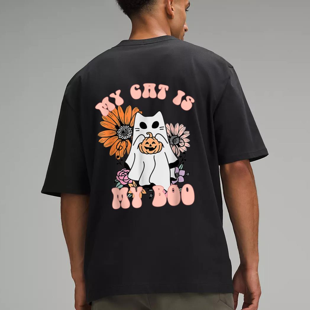 My Cat Is My Boo Floral Groovy Ghost Cat Spooky Halloween Men T-Shirt