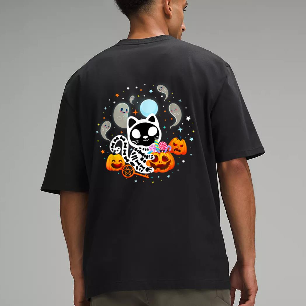 Skeleton Cat Halloween Shirt Kids Spooky Black Cat Halloween Men T-Shirt