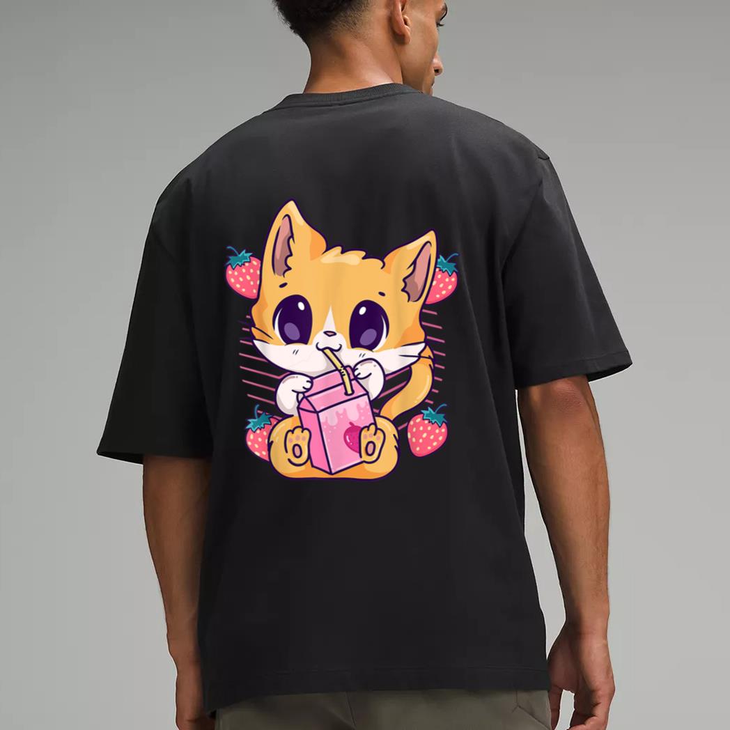 Strawberry Milk Cat Cute Kawaii Kitten Anime Neko Shake Men T-Shirt