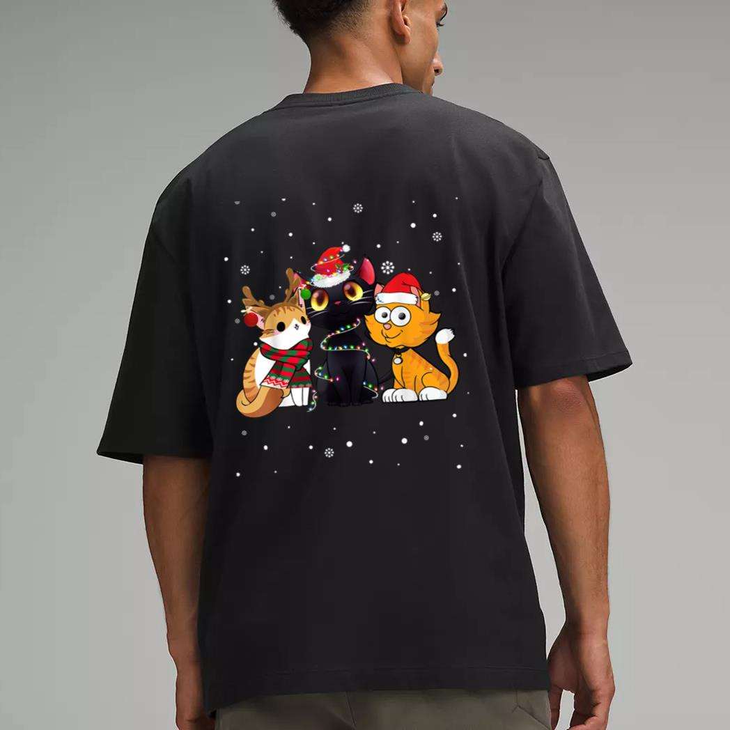 Three Cat Christmas Funny Kitty Santa Hat And Lights Gifts Men T-Shirt