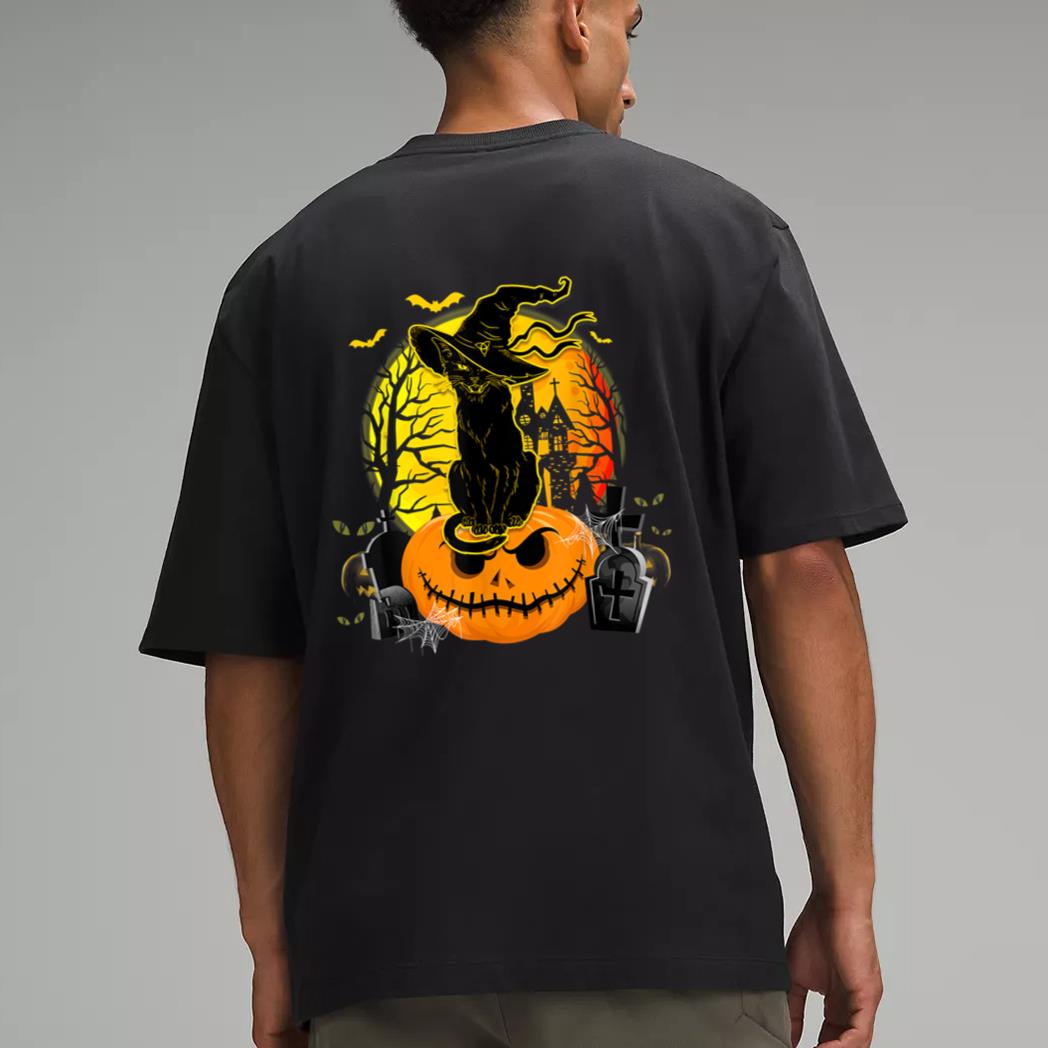 Vintage Black Cat Witch Scary Halloween Costume Kids Boys Men T-Shirt