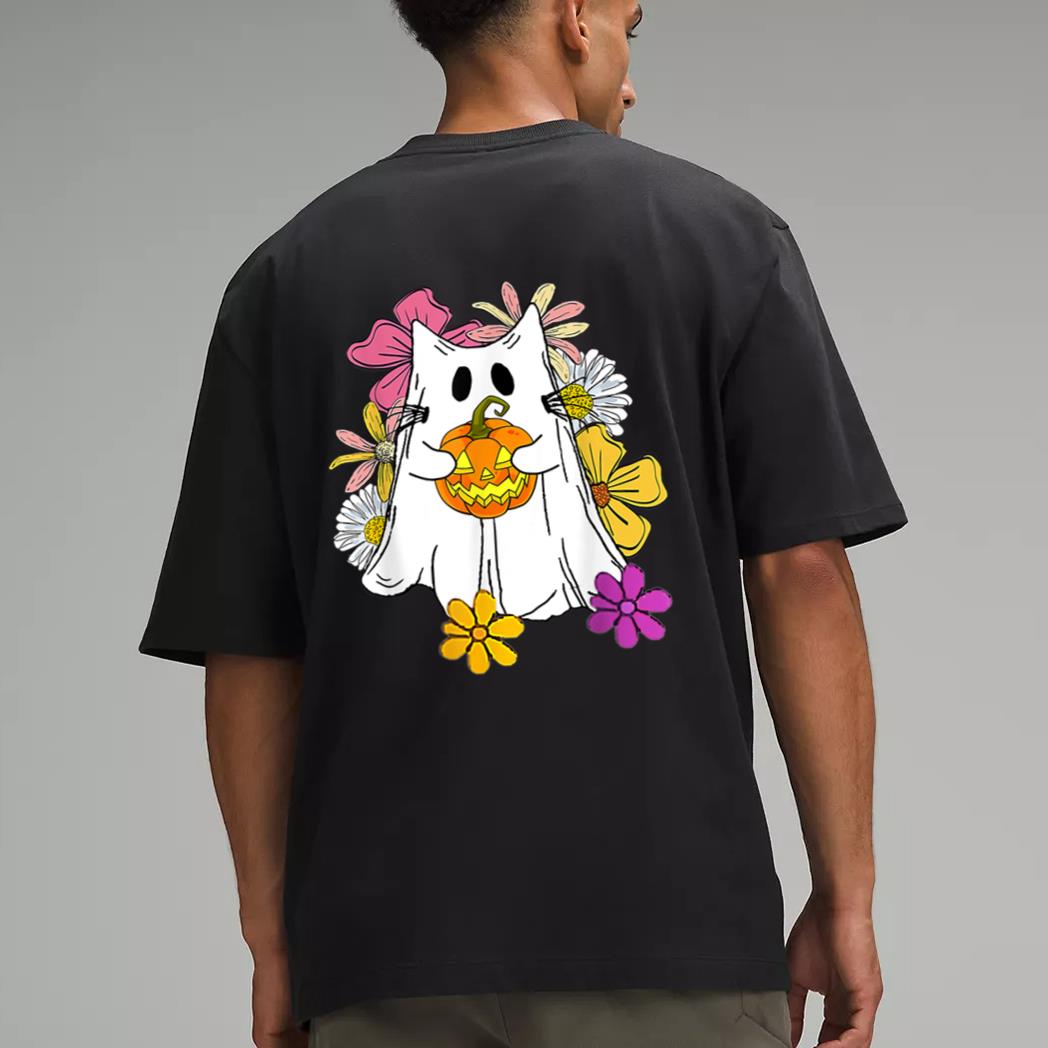 Vintage Floral Ghost Cat Halloween Graphic Men T-Shirt